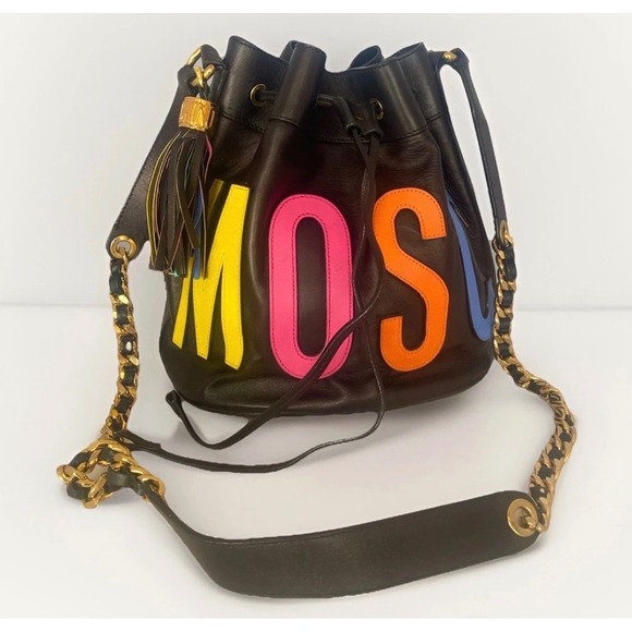 Moschino Handbags - Moschino Bucket Bag Womens Medium Black Multi-Color Excellent Leather Tassel